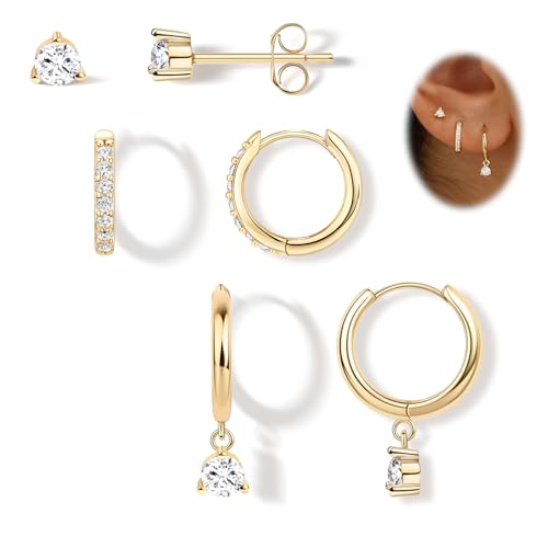 14K Gold Small Huggie Hoop Earrings Set for Women, Hypoallergenic Sterling Silver Studs for Cartilage and Helix, Cute Dainty Dangles Stackable Lightweight Trendy Diamond Jewelry Gift for Her