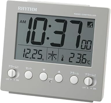 Rhythm Alarm Clock, Radio Clock, Digital, Electronic Sound, Double Alarm with Snooze, Thermometer, Light, Calendar, Gray, 3.6 x 3.9 x 1.8 inches 9.1 x 10 x 4.5 cm, Fit Wave D236 8RZ236SR08