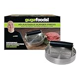 Guga Foods- Adjustable Burger Press, Stainless Steel Hamburger and Smashed Burger Press, Patty Maker for Grilling and Griddle, 3 Size Patties, Wooden Handle