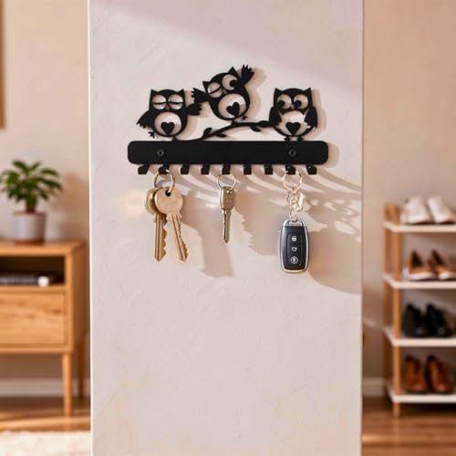 Image of 3 Owl Metal Key Holder - 25cm x 13cm, 9 Hooks, Decorative Key Rack & Organizer, Sturdy Wall Mounted Hanger for Keys, Accessories, Home Decor for Entryway, Hallway, Kitchen, Gift