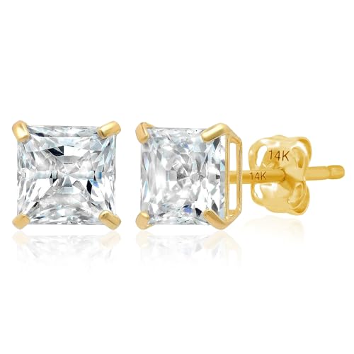 14K Gold Princess Cut CZ Stud Earrings for Women & Men | Anti Tarnishing Cubic Zirconia Earrings Studs with 14K Gold Butterfly Backs | 4MM 5MM 6MM 7MM CZ Gold Earrings by MAX + STONE