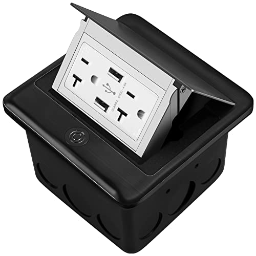 Vagueior Recessed Floor Electrical Outlet Kit,Waterproof Electrical Outlet Covcer Box,Hidden 4.8A USB+20A Tamper-Resistant Receptacle Outlet with Slow Elastic Damping ?ETL Certified,Black