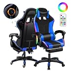 Reheyre Ergonomic Gaming Chair with Speakers & RGB LED Lights, Adjustable Height Massage Gamer Chair, High Back Computer Chair with Retractable Footrest & Lumbar Support for 400LBS Black Blue