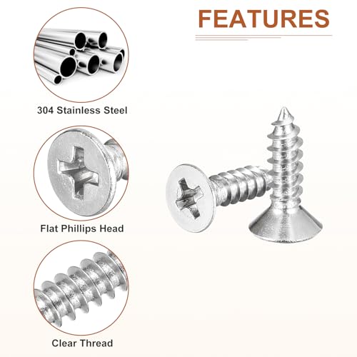 Image of DTGN 20Pcs #6x1 /2 inch Flat Head Wood Screws, 304 Stainless Steel Phillips Self Tapping Screws - Good for Woodworking, Furniture - Silver