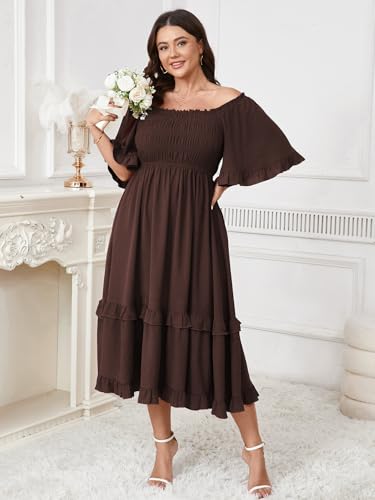 Image of SCOMCHIC Women's Plus Size Maxi Dresses Summer Short Sleeve Square Neck Smocked Wedding Guest Cocktail Boho Long Dress