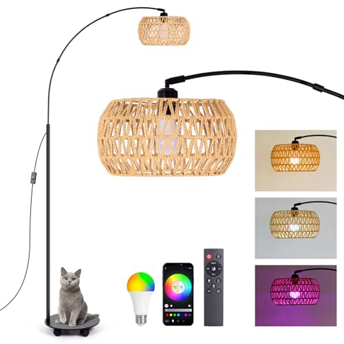 Image of JingleChoo RGB Arc Floor Lamp with 3 Color Temperatures, Dimmable Rattan Boho Standing Lamp, APP and Remote Control, Modern Tall Lamp for Reading, Living Room, Bedroom, Office, Black