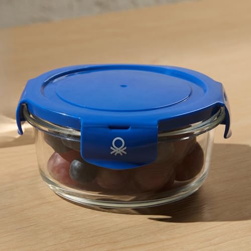 Image of United Colors of Benetton 570ML Borosilicate Glass Food Storage Container with Airtight Blue Lid - Leakproof, Microwave, Oven, Freezer & Dishwasher Safe - Durable & Reusable Lunch /Dinner Box