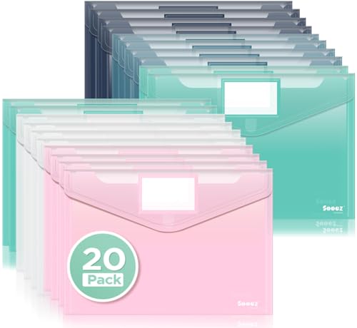 Sooez 20 Pack Plastic Envelopes, Plastic File Folders, Clear Folders
