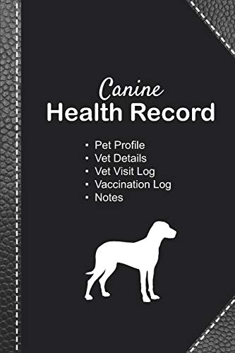 Canine health record: Dog vaccine record book | Pet health record | Puppy vaccine record | 101 pages, 6"x9" | Paperback | black background ... leather reinforcement white dog silhouette