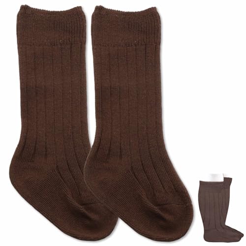 Calcetines Altos de Algodón para Bebé, Calcetas Largas, Medias Largas de Algodón para Bebé, Talla S, Apto para 0 a 12 meses (FR/ES, Edad, 0 meses, 12 meses, Marrón)