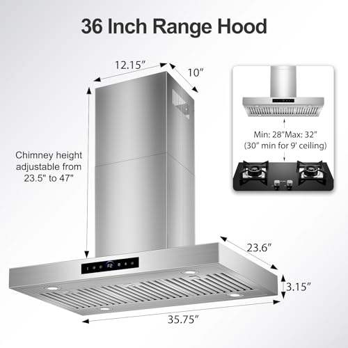 Image of 36 inch Island Range Hood Ceiling Mount 1200 CFM with 4-Speed Gesture Sensing & Touch Control, Ducted /Ductless Stainless Steel Kitchen Stove Vent Hoods with 4 LED Lights, Timer,Dishwasher-Safe Filters