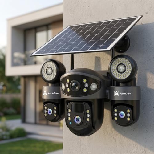 Image of ApnaCam 12MP 6K 4G Solar CCTV Camera with SIM Card, 3 Lens PTZ Outdoor Security Camera, Triple Screen View, AI Motion Detection, 360 Rotation, Color Night Vision, 2-Way Talk, IP66 Waterproof