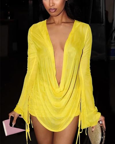 Image of Women's Sexy Long Sleeve Two 2 Pieces Outfits Sheer Mesh Mini Dress Skirt Set Top V Neck Backless Ruched Bodycon Cover Up