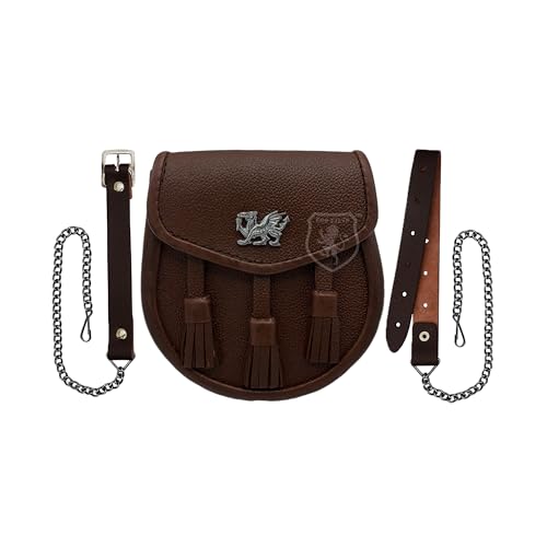 Image of Scottish Original Leather Sporran with Leather Belt & Chain (Brown Leather Masonic Sporran)