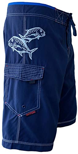 Maui Rippers Menâ€™s Board Shorts - Ulua Fish | Triple Stitch Quick Dry Menâ€™s Swim Trunks (Navy Silver, 38)