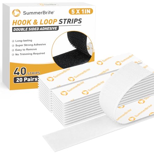 Image of SummerBrite 20 Pairs White Hook and Loop Strips with Adhesive, 1 x 5 Inch Heavy Duty Sticky Back Tape, Strong Mounting Fasteners for Classroom, Photos & Glass, Waterproof Interlocking Strips