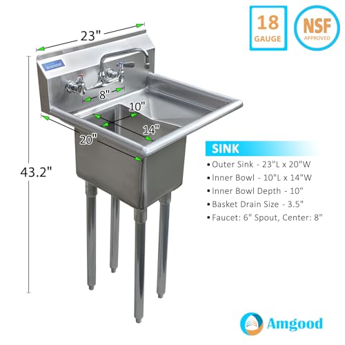 Image of AmGood Stainless Steel Prep & Utility Sink | 304 Stainless Steel | NSF | Restaurant, Kitchen, Laundry, Garage (Bowl Size: 10 inchx14 inchx10 inch + Faucet + Right Drainboards)