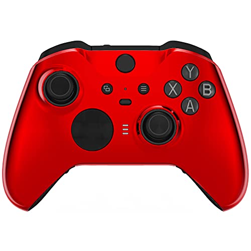 Image of eXtremeRate Chrome Red Edition Glossy Faceplate Cover, Front Housing Shell Case Replacement Kit for Xbox One Elite Series 2, Xbox Elite 2 Core Controller Model 1797 - Thumbstick Accent Rings Included