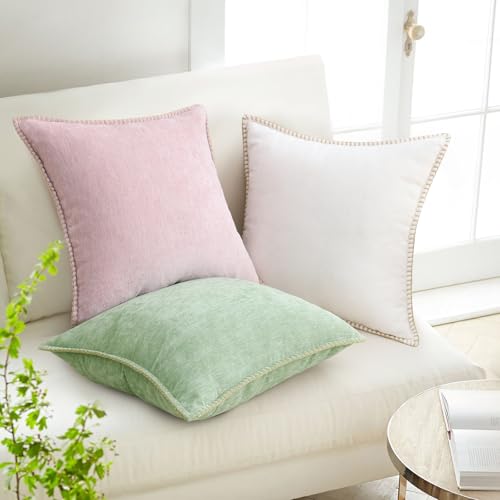Image of decorUhome Fall Chenille Soft Cozy Throw Pillow Covers 24x24 Set of 2, Modern Farmhouse Boho Velvet Decorative Euro Sham Pillow Cases with Stitched Edge for Couch Sofa Bed Home Decor, Blush Pink