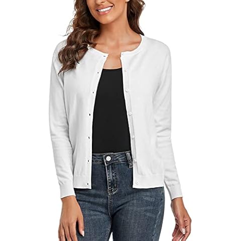 CUNYI Women's Crew Neck Cardigan Long Sleeve Sweater for Women Button Down Soft Knit Ladies Cardigan Sweates Coat, Pure White M Cover