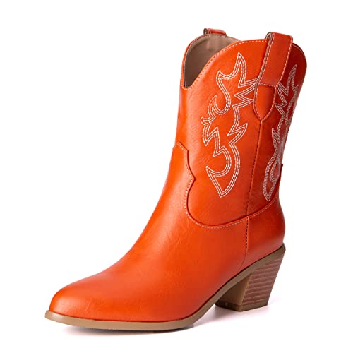 LIPIJIXI Cowgirl Boots - Embroidered Orange Cowboy Boots with Pointed Toe, Mid Heel, Size 41