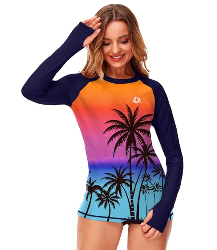 Image of Deerose Womens Gradient Rash Guard UPF 50+ Swim Shirts Surfing Top with Thumb Hole