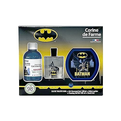 Corine de Farme - Coffret Batman avec Eau de Toilette 50ml, Bain Moussant 300ml et Boîte à Goûter - Cadeau pour Garçon - Parfum pour Enfant Senteur Musc...