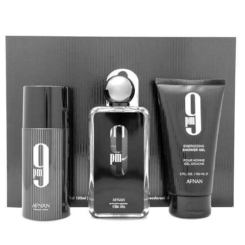 Image of AFNAN Gift Set 9 PM Eau De Parfum 100 ML + Deodorant 150 ML + Shower Gel 150 ML, Perfume Gift Set For Men