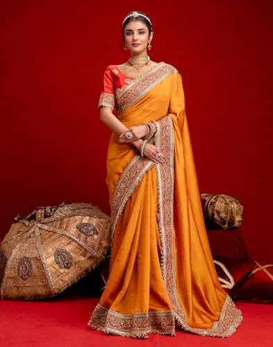 Image of SIRIL Women's Vichitra Silk Sequins Embroidery Lace Saree With Unstitched Blouse Piece