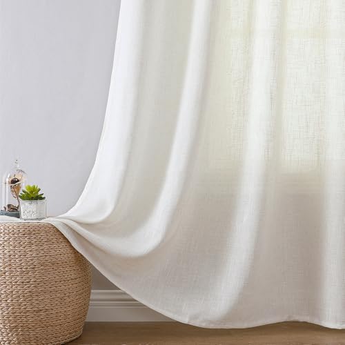Joydeco Rideau Lin Naturel Voilage avec Oeillets, Lot de 140x240 cm(2 Panneaux) Blanc Rideau Translucide Fenetre Intérieurs Salon Chambre