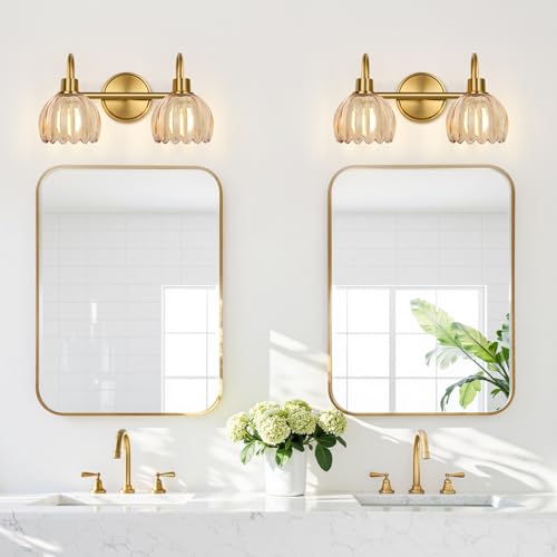 Image of Bathroom Light Fixtures, 2-Light Brushed Gold Vanity Lights for Bathroom with Ribbed Amber Tulip Glass Shade, Vanity Lights Over Mirror for Bedroom, Living Room, Hallway