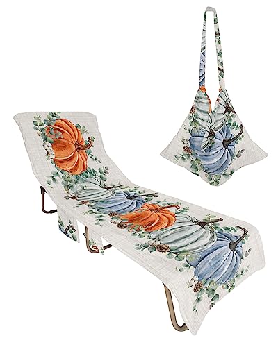 Fall Thanksgiving Beach Chair Towel Covers for Chaise Lounge with Side Pocket, Soft Plush Pool Towels Cover for Patio Sunbathing Outdoor 29''x85'' Farmhouse Pumpkins Eucalyptus Leaves