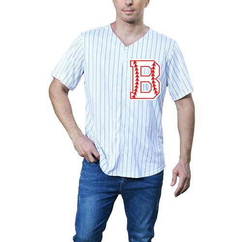 Mens Baseball Jersey Letter Printing Sport Softball Shirt Short Sleeve Button Up Cardigan Tee V-Neck S-XXL (Medium,Stripe-B)