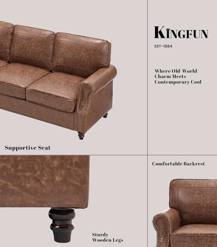 Image of Kingfun 3 Seater Sofa, Mid-Century Modern Faux Leather Couch Set for Living Room, Darkbrown with Rolled Arms & Nailhead Trim, Easy Assembly