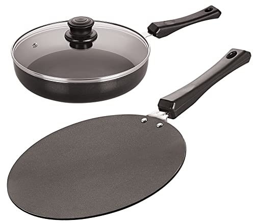 Image of Nirlon Induction Base Nonstick Aluminium Cookware Set Including Concave Tawa 28 cm, and Fry pan 22 cm with Glass Lid