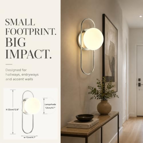 Image of Modern Wall Sconce Polished Nickel Globe Wall Light for Bedroom Hallway | Modern Minimalist Design Soft Frosted Globe Shade Polished Nickel Finish Warm & Comfortable Lighting Ideal for Bedroom