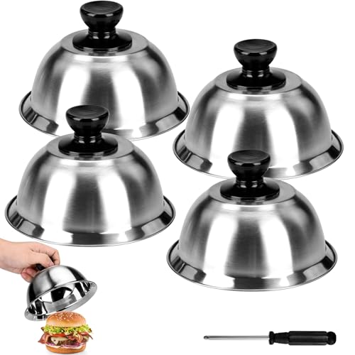 MAMIELIZ 4 Piezas Campana para Hamburguesas, Campanas para Hamburguesas con Destornillador, Campanas para Hamburguesas de Acero Inoxidable para Hamburguesas de Queso Barbacoa Bistec 16 x 10 cm