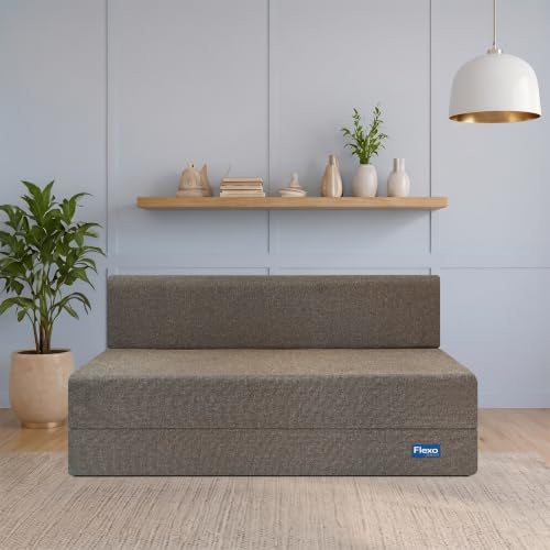 Image of Starlon 2 Seater Sofa Cum Bed Foldable 3-in-1 Sofa Bed with 1 Year Warranty, Washable Jute Fabric Cover & 2 Geometrical Pillows | Guest Bed | Coffee Brown 5x6 Ft