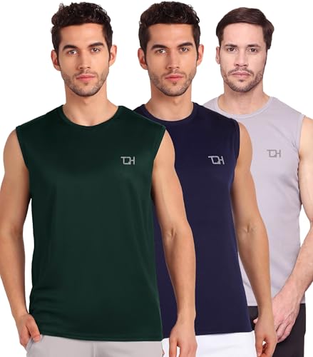 TQH Polyester Solid Men Round Neck Sleeveless Navy Blue, Grey, Green Slim Fit T-Shirt, XL