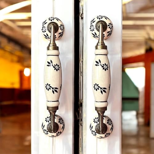 Image of Maison Belle Ceramic Door Handle Gold Antique Finish - Hole to Hole 6.5 INCH (Pack of 1 Handle) (White Hand Painted - Size 8.5 INCH)