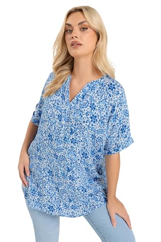 Image of Yours Curve Crinkle Floral Notch Neck Top - Women's - Plus Size Curve Blue
