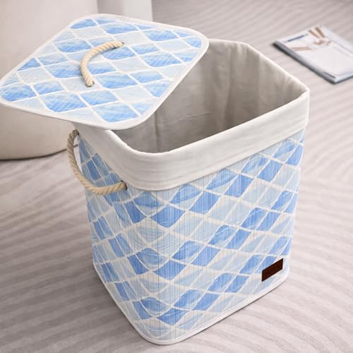 Image of Amazon Brand - Umi Rectangle Bamboo Laundry Basket for Clothes with Lid Geometric Printed Hamper | Eco-Friendly, Foldable & Lightweight Organizer (Blue, 40x30x50 cm, Pack of 1)