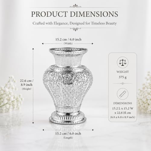 Image of Silver Plated Aluminium Flower Vase | Embossed Vase for Fresh & Artificial Flowers | Luxury Table Centerpiece | Living Room, Office, Hotel & Home Decor | Ideal Gift (9 x 6) inch
