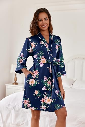 Image of Ekouaer Women Kimono Robes Knee Length Knit Bathrobe Lightweight Soft Sleepwear V-neck Casual Ladies Loungewear