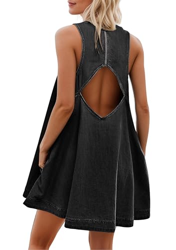 Image of YUENIU Women's Sleeveless Denim Babydoll Mini Dress Summer Casual Cutout Back A-Line Flowy Jean Dress with Pockets