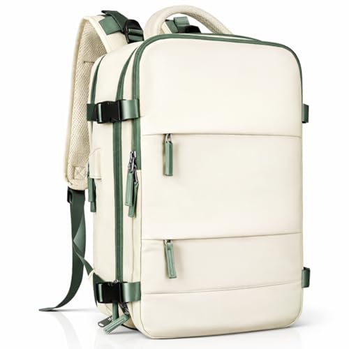 Mochila Viagem Avião Bagagem de mão Viral Elegante Low Cost Bolsos P/Sapatos, Notebook, Objetos Molhados Usb (BEGE+VERDE)