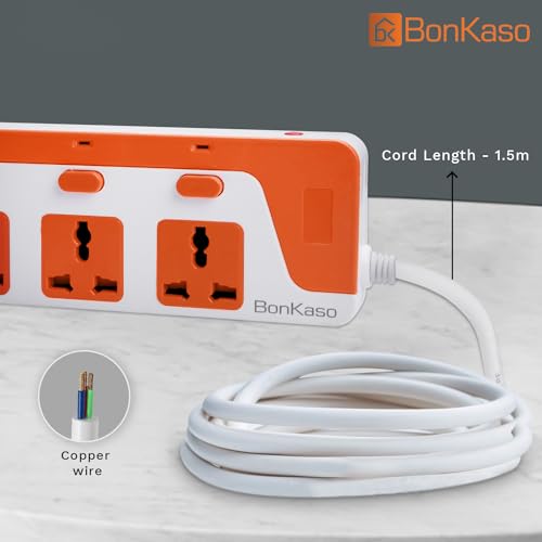 BonKaso 5-Socket Power Strip with Dual USB - 5 AC Sockets, 2 USB, 1.5m Cord Length, 1500 W, Compact 26cm Size, Ultra-Light 500g (White & Orange) - Image 6