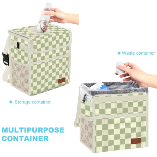 Image of Femuar Leak Proof Car Trash Can with Lid, Collapsible Hanging Waterproof Car Trash Bag with Mesh Pocket for SUV Front Seat Headrest, Large /Beige Light Green Plaid