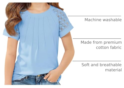 Image of Girls Pleated T Shirts Kids Fashion Lace Sleeve Summer Tops Casual Crewneck Blouse 5-14 Years