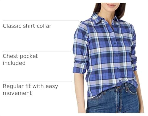 Image of Amazon Essentials Women's Regular-Fit Long-Sleeve Lightweight Plaid Flannel Shirt with Brushed Finish, Shirttail Hem